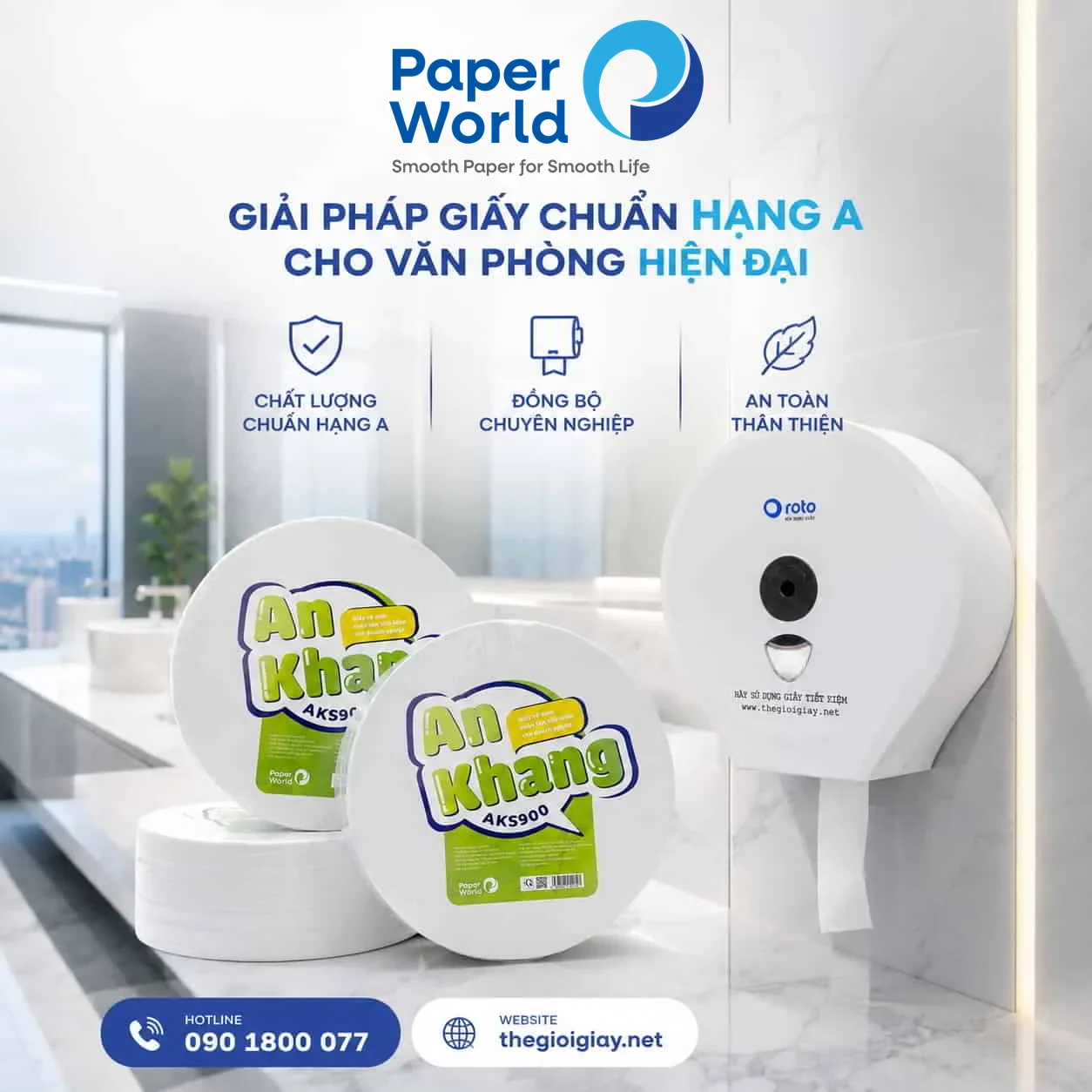 Kinh Nghiệm Chọn Giấy Vệ Sinh Cho Tòa Nhà Văn Phòng Hạng A | Paper World Không gian WC văn phòng hạng A sử dụng giấy vệ sinh cuộn lớn An Khang AKS900 và hộp đựng giấy Roto màu trắng đồng bộ của Paper World