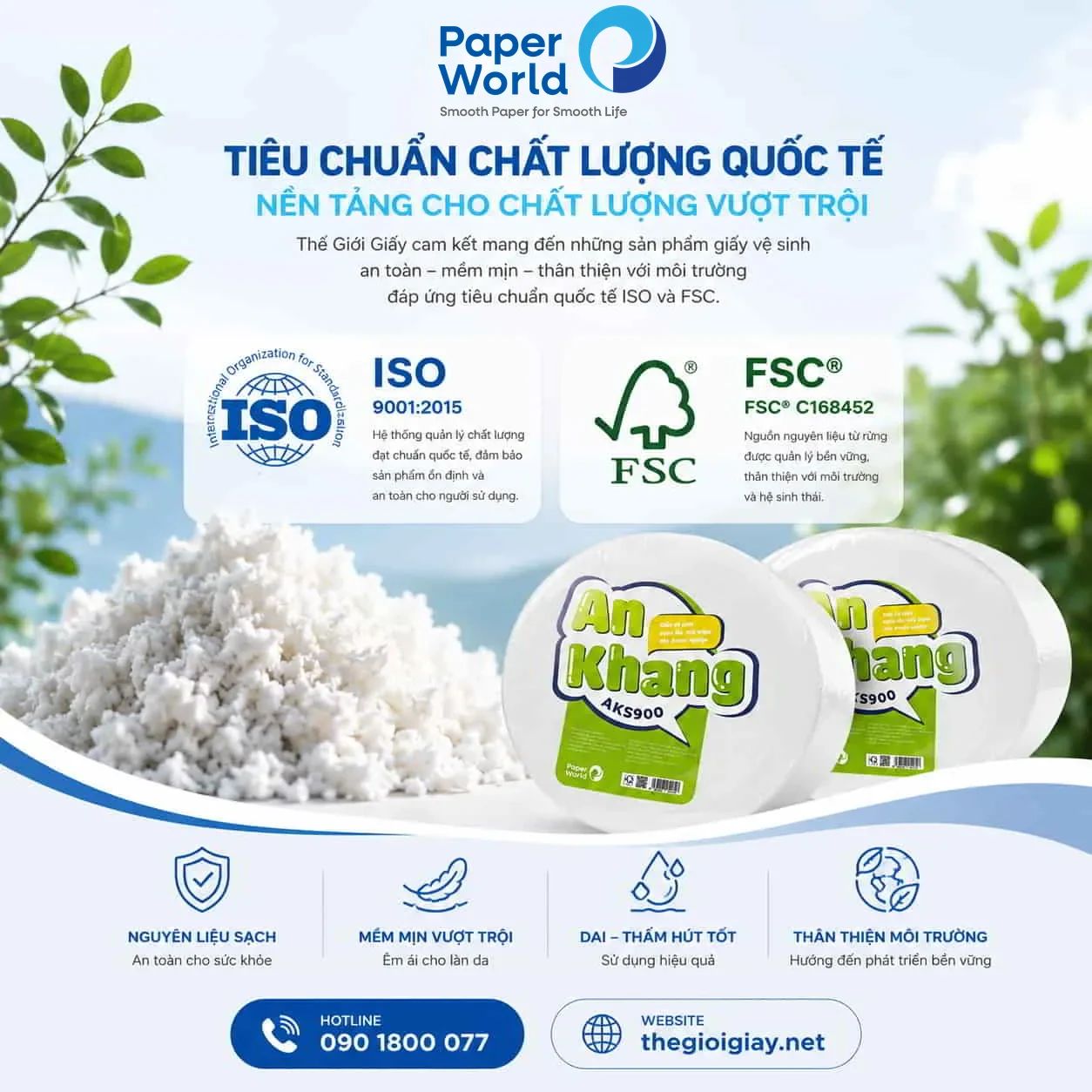 Tiêu Chuẩn Chất Lượng Giấy Vệ Sinh B2B Của Thế Giới Giấy - ISO & FSC Hình ảnh tiêu chuẩn chất lượng giấy vệ sinh B2B của Thế Giới Giấy với chứng nhận ISO 9001:2015, FSC và giấy vệ sinh cuộn lớn An Khang AKS900 từ bột giấy sạch