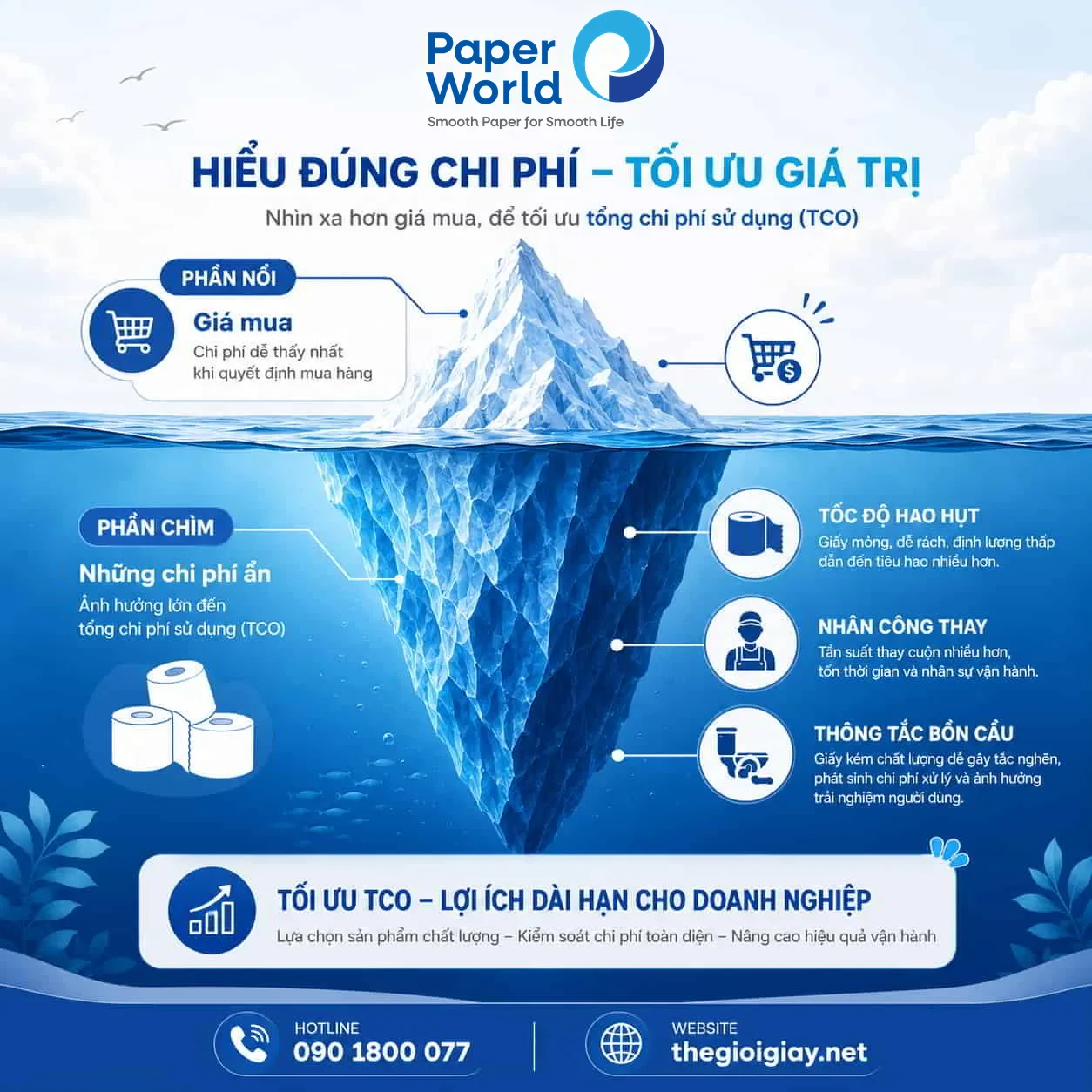 Tổng Chi Phí Sử Dụng Giấy Vệ Sinh Doanh Nghiệp (TCO) - Hiểu Đúng Chi Phí, Tối Ưu Giá Trị Infographic mô hình tảng băng trôi chi phí TCO trong sử dụng giấy vệ sinh doanh nghiệp gồm giá mua, tốc độ hao hụt, nhân công thay giấy và chi phí thông tắc bồn cầu