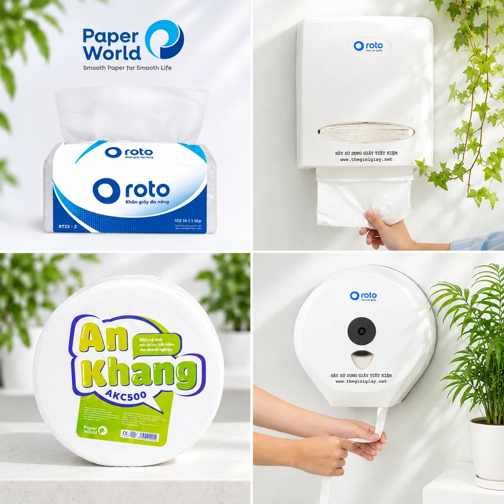 Sản phẩm Thế Giới Giấy: khăn giấy đa năng Roto, giấy vệ sinh cuộn lớn An Khang và hộp đựng giấy Roto